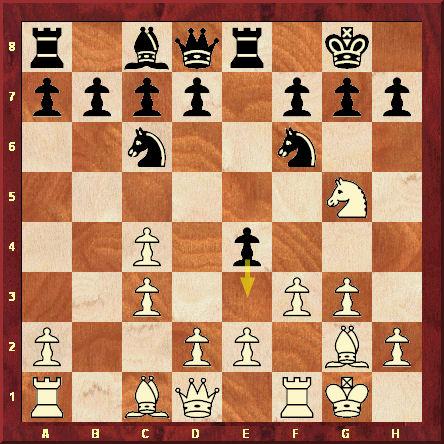 2ème partie. Position après le 9ème coup blanc f2-f3. Kasparov veut éliminer le pion e4 pour disposer d'un puissant centre de pions mais Karpov le surprend par 9...e4-e3, préparé initialement contre Viktor Kortchnoi.