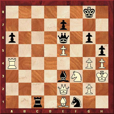 Position après le 35ème coup blanc. La menace de mat en g4 a permis aux Noirs de maintenir l'équilibre. Avec quelques secondes à jouer, le champion du monde panique et joue De6-d7. Après De2xa6, il joue Tc1-a1 (jouable à la place de Dd7). Ce faisant, il a oublié qu'après Da6xg6+ la Dame blanche défend g4 et attaque le Roi Noir, ce qui permet de gagner au minimum la Tour. Kasparov n'a plus qu'à abandonner de dépit.