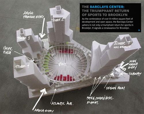 Vue projetée du Barclays Center, en cours de construction, au sein de Brooklyn. La construction de l'enceinte est presque un événement car elle ramènera une franchise sportive, 54 ans après le départ des Dodgers pour Los Angeles.