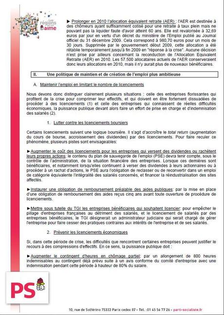 Face à la crise : maintenir l’emploi, accompagner les chômeurs, soutenir l’activité – Les Propositions du Parti socialiste
