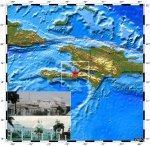 Localisation de l'épicentre du séisme du 12 janvier 2009 (source CSEM) et vue du palais présidentiel avant et après le séisme (source Twitter)- JPEG - 88 ko