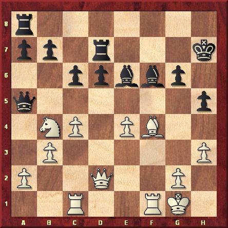Position après le 27ème coup noir, Dd8-a5. Quel coup donne aux Blancs un avantage matériel (un pion) ?