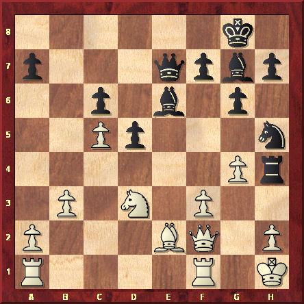 Position après le 22ème coup blanc g2-g4. La Tour noire est mal embarquée et le Cavalier h5 est attaqué. Les Noirs auraient pu prendre la Tour a1 mais s'ils regagnaient la qualité, ils seraient nettement moins bien. Kasparov trouve l'étonnante ressource : 22...Fg7-d4. Après 23.Df2xd4, Kasparov joue Th4xh2+ 24.Rh1xh2 De7-h4+ force l'échec perpétuel et la répétition des coups.