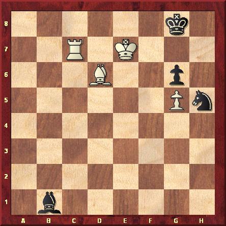 Position finale après le 102ème coup blanc Rd8-e7. Les Blancs tissent un réseau de mat car le Roi Noir est coincé.