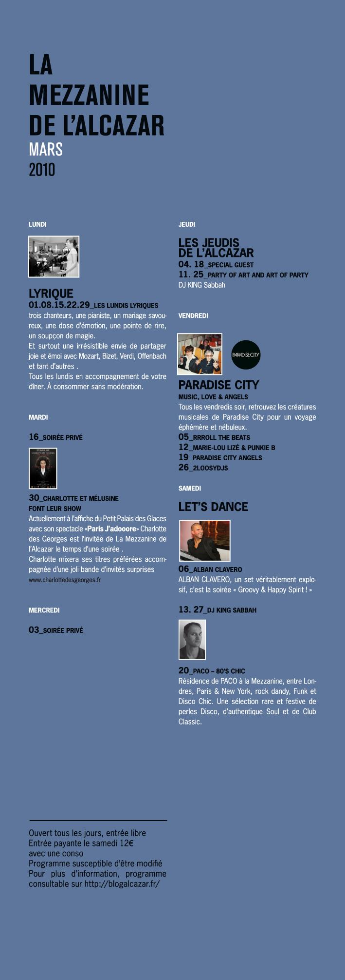 Mezzanine de l’Alcazar : Programmation Mars 2010