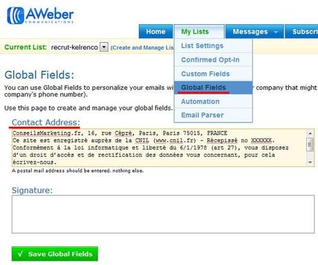 Comment mettre en place une chaine de prospection et de fidélisation avec Aweber ? – Partie 1 mentions légales emailing