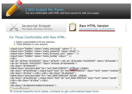 Comment mettre en place une chaine de prospection et de fidélisation avec Aweber ? – Partie 1 code html formulaire