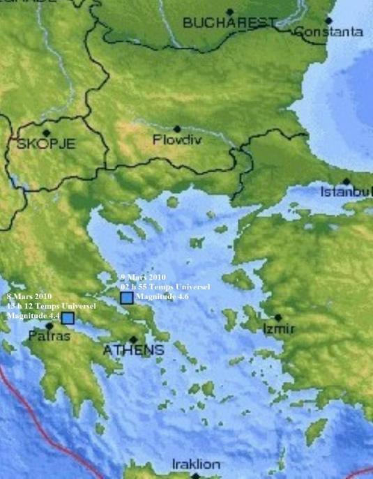 9 Mars 2010, un séisme de Magnitude 4.6 a frappé en Grèce à 02 h 55 Temps Universel