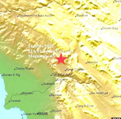 Un séisme de faible profondeur et de magnitude moyenne, 4.7, frappe l'Iran Méridional. Des dégâts à craindre.
