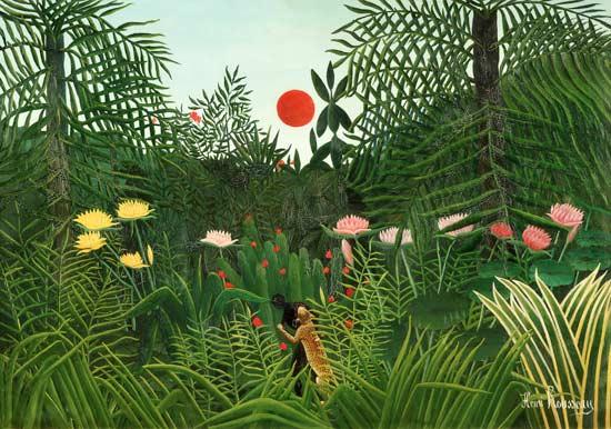 Reproduction imprimée de  Paysage de forêt vierge avec le  soleil couchant (nègre et jaguar)