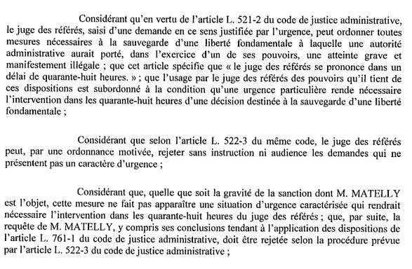 Affaire Matelly : l’ordonnance rejetant le référé-liberté pour défaut d’urgence (CE, ord., 30 mars 2010, JH Matelly)