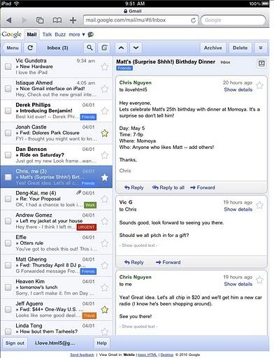 iPad : Google Gmail s'adapte très facilement !!!
