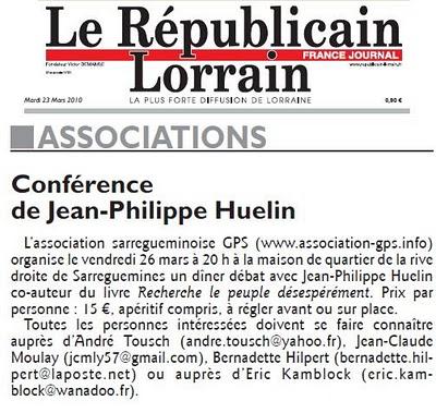 Annonce du diner-débat à Sarreguemines dans le Républicain lorrain