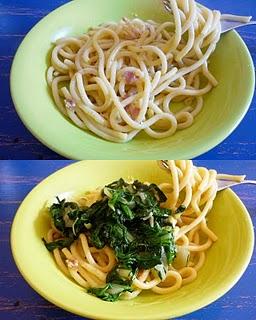 Spaghetti carbonara et poêlée de bettes