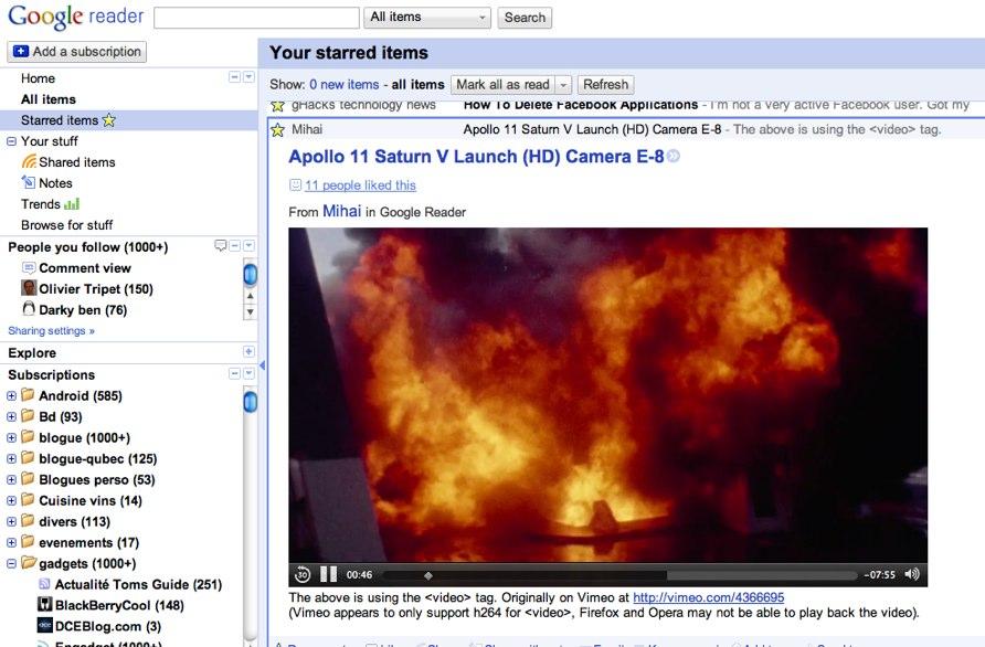google reader html5 Google Reader affiche la vidéo même si vous ne possédez pas Flash!
