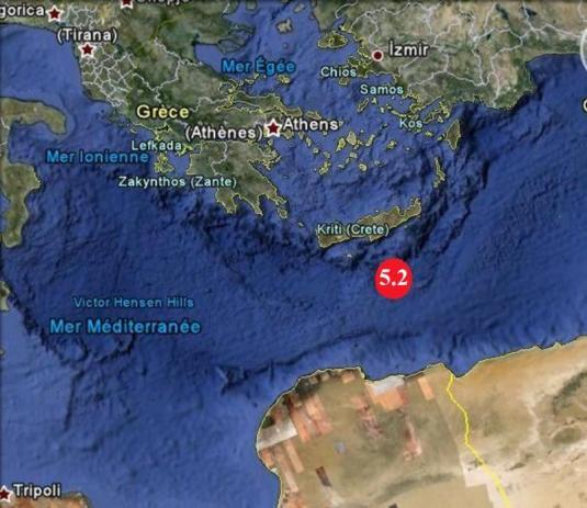 24 Avril 2010 : 5.2 sur l'échelle de Richter et Intensité VII sur l'échelle MSK, un séisme sous marin  frappe le Sud de la Crête.