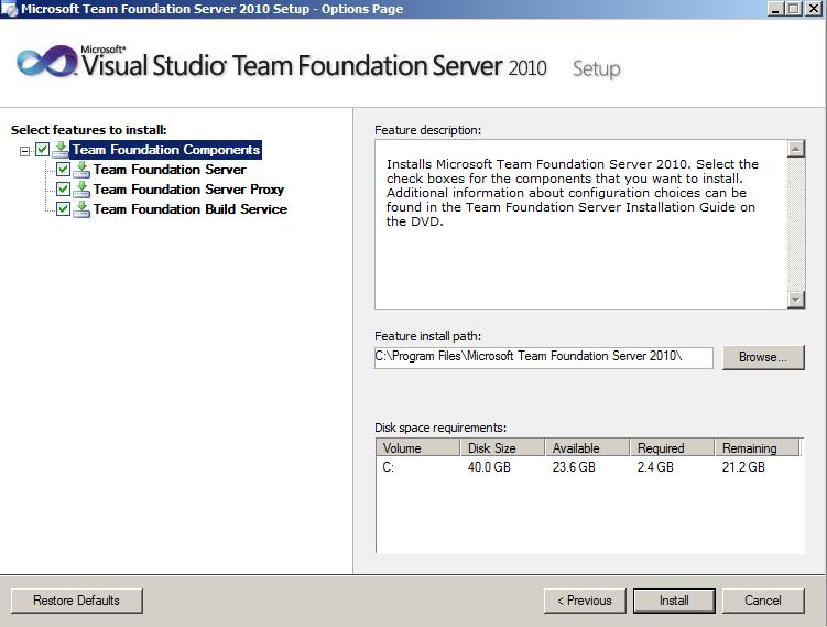 Custom installation TFS Team Foundation Server 2010 : installation et configuration