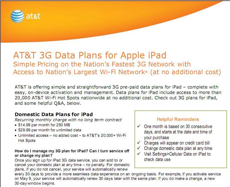 Divers : AT&T; précise les forfaits 3G pour l’iPad