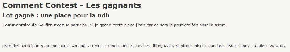 Résultat du concours: Gagner une place pour la NDH…