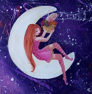 commande de peinture acrylique petit fée assise sur la lune qui tient des bonbons dans ses mains