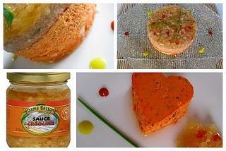 Mousse de thon sur Bavarois de poivrons et Sablé à l'origan, Glaçage sauce Créoline Mousse de thon sur Bavarois de poivrons et Sablé à l'origan, Glaçage sauce Créoline