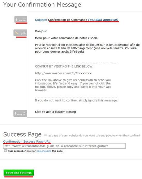 Comment vendre ses produits via Aweber– Partie 2 confirmation message aweber