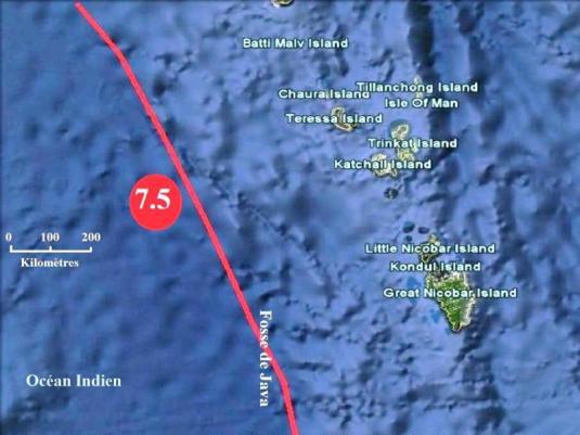 Séisme de magnitude 7.5, au large des côtes Ouest des Îles Nicobar, le 12 Juin 2010.