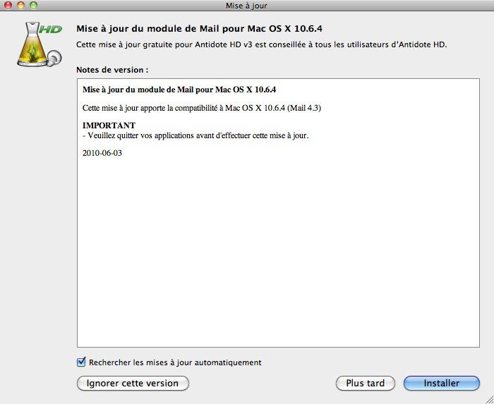 Antidote : mise à jour du module de Mail pour Mac OS X 10.6.4