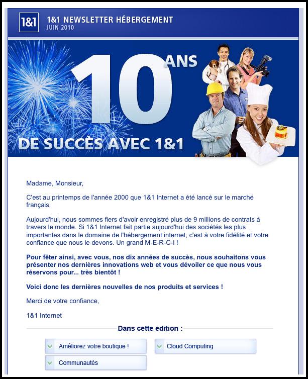 1&1 envoie un emailing pour fêter son anniversaire