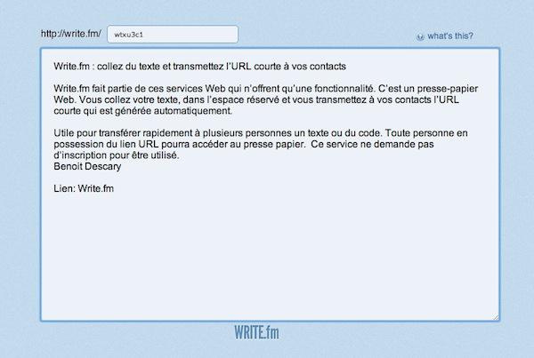 write fm Write.fm : collez du code ou du texte et transmettez l’URL courte à vos contacts