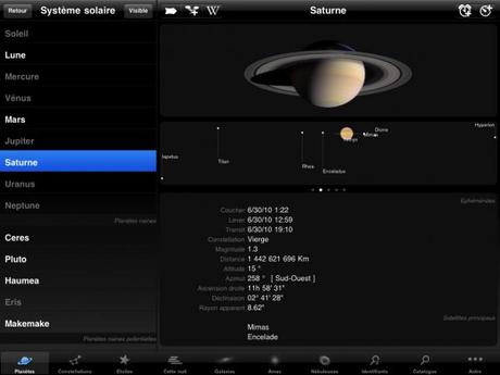 StarMap HD, visibilité de Saturne et de ses satellites naturels