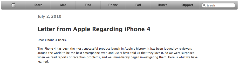 Communiqué de presse d’Apple pour les problèmes de réception de l’iPhone 4