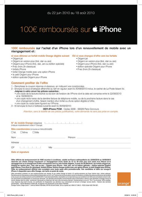 Coupon ODR à renvoyer: 100 € remboursés pour votre iPhone 4