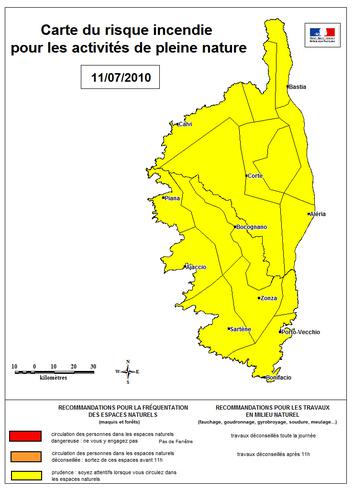 Carte risque incendie du jour : Niveau jaune en Corse