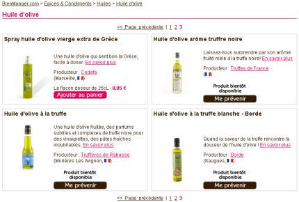 sur les trois pages de  références 'huile d'olive' de bienmanger.com, les trois