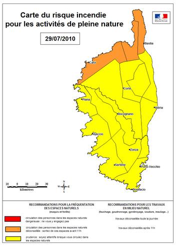 Carte risque incendie du jour : Niveau ORANGE sur la Balagne, le Cap-Corse, et Bastia ce jeudi