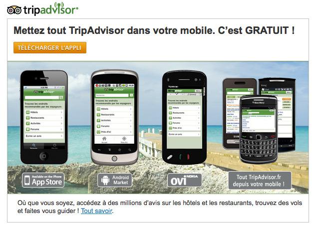 Dans son emailing, TripAdvisor valorise ses applications mobiles