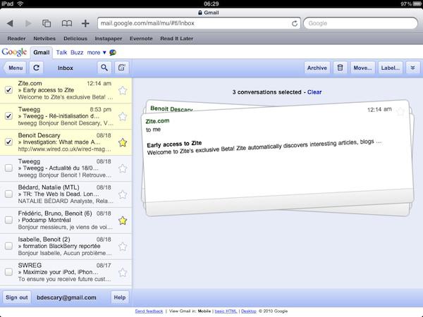 ipad gmail piles de mail Gmail pour iPad affiche les mails sélectionnés sous forme de piles