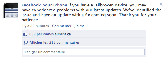 Facebook 3.2.1 pour iPhone – Une nouvelle mise à jour pour régler les soucis des iPhone jailbreakés arrive !