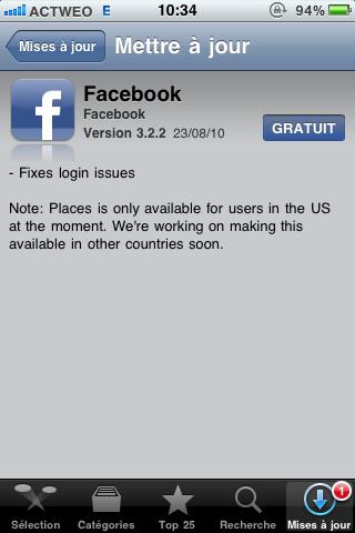 iPhone: Nouvelle mise à jour Facebook 3.2.2