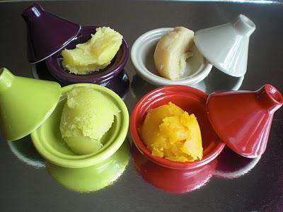 beurre de prune,de pistache,d'urucum et beurre coco / vanille