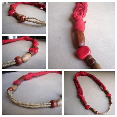 Collier ruban tressé rouge et perles en bois