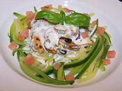 Spagettis courgettes, moules crème basilic.