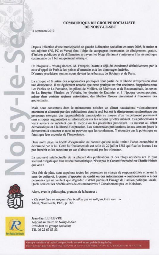 Communiqué de presse du Président du Groupe Socialiste au Conseil Municipal de Noisy-le-Sec