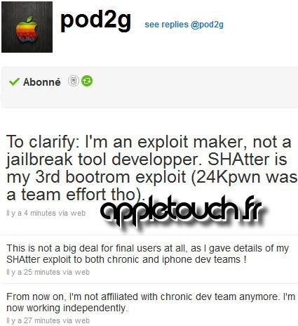 Jailbreak iOS 4.1 : Pod2G fait une mise au point