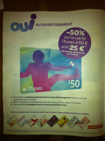 Carrefour offre des cartes iTunes 50€ à seulement 25€ !