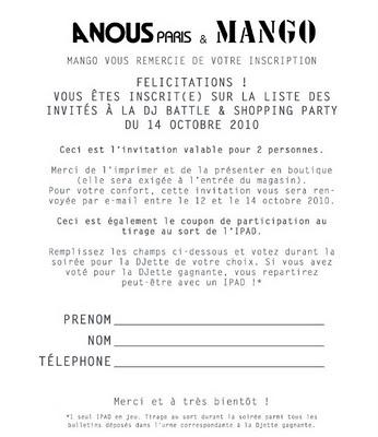 Invitation Soirée Mango DJ Battle & Shopping Party !