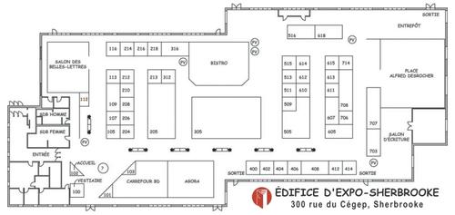 Voici le plan du Salon du livre de l’Estrie qui se tiendra du 14 au 17 octobre prochain à l’Édifice d’Expo-Sherbrooke