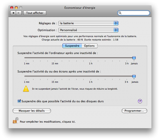 Panneau Économiseur d'énergie sous Mac OS X