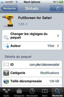 Safari sur iPhone en mode pleine page avec FullScreen for Safari...